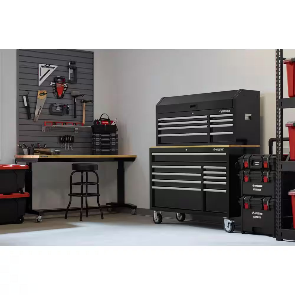 Modular Tool Storage 52 In. W Standard Duty Black Mobile Workbench Cabinet with 8-Drawer Top Tool Chest