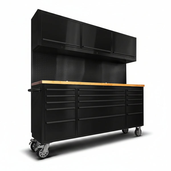 72 Inch 15 Drawers Tool Chest with 3 up Cabinet & Pegboard, Rolling Tool Cabinet with Drawers (Black)