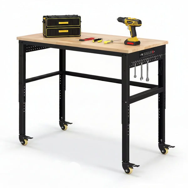 48 In. W X 24 In. D Adjustable Workbench with Solid Oak Wood Top