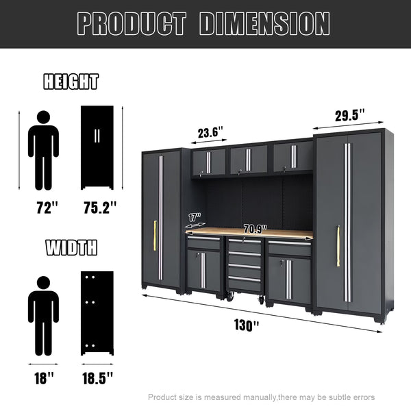 9-Piece Garage Shop Tool Storage Cabinet Set with Pegboard and Wooden Work Top 24 Gauge Steel Tool Chests & Garage Mounted Storage Systems - Black+Gray