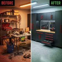 Garage Storage Cabinet System - 2 * 6-Pcs Workshop Set | with Steel Cabinet Drawers, Tool Chest, Workbench, Pegboard for Tool Organization — Before & After
