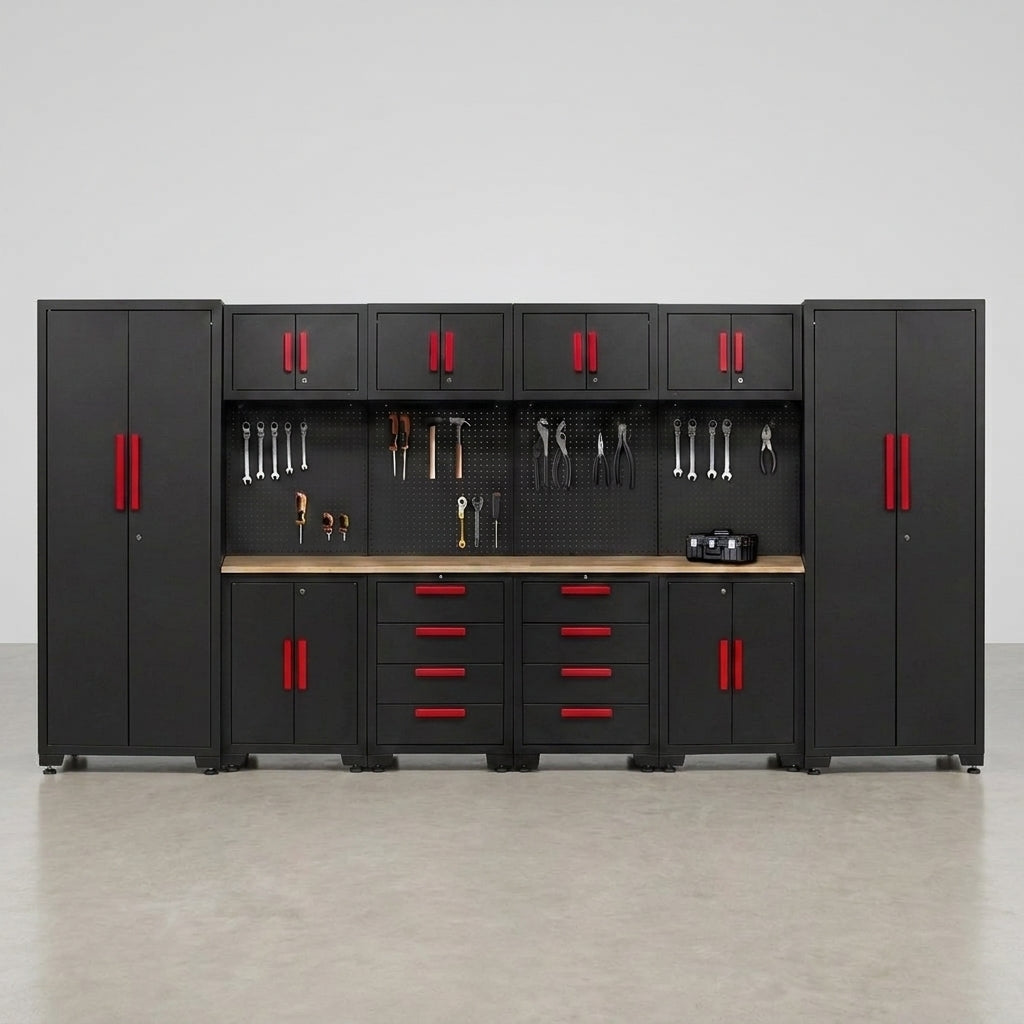Garage Storage Cabinet System - 2 * 6-Pcs Workshop Set | with Steel Cabinet Drawers, Tool Chest, Workbench, Pegboard for Tool Organization — Studio Shot