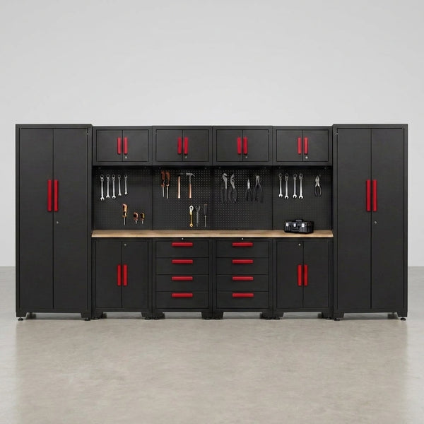 Garage Storage Cabinet System - 2 * 6-Pcs Workshop Set | with Steel Cabinet Drawers, Tool Chest, Workbench, Pegboard for Tool Organization — Studio Shot