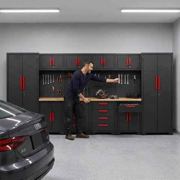 Garage Storage Cabinet System Built for Workshop Organization, 12-Piece Steel Set, Workbench, Pegboard Tool System