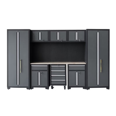 9-Piece Garage Shop Tool Storage Cabinet Set with Pegboard and Wooden Work Top 24 Gauge Steel Tool Chests & Garage Mounted Storage Systems - Black+Gray