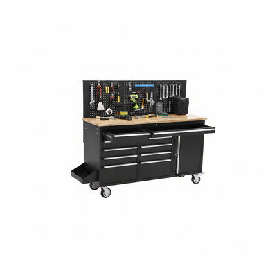 61-Inch Heavy Duty Rolling Tool Chest with 10 Drawers and Solid Rubber Wood Top Mobile Workstation, 1675 LBS Load, Includes Power Strip, Locking System for Garage Warehouse Repair Shop